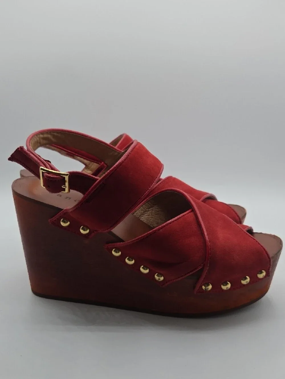 Sandro Red Suede Studded Wood Wedge Platform Sandals Euro 37 US 6.5-7